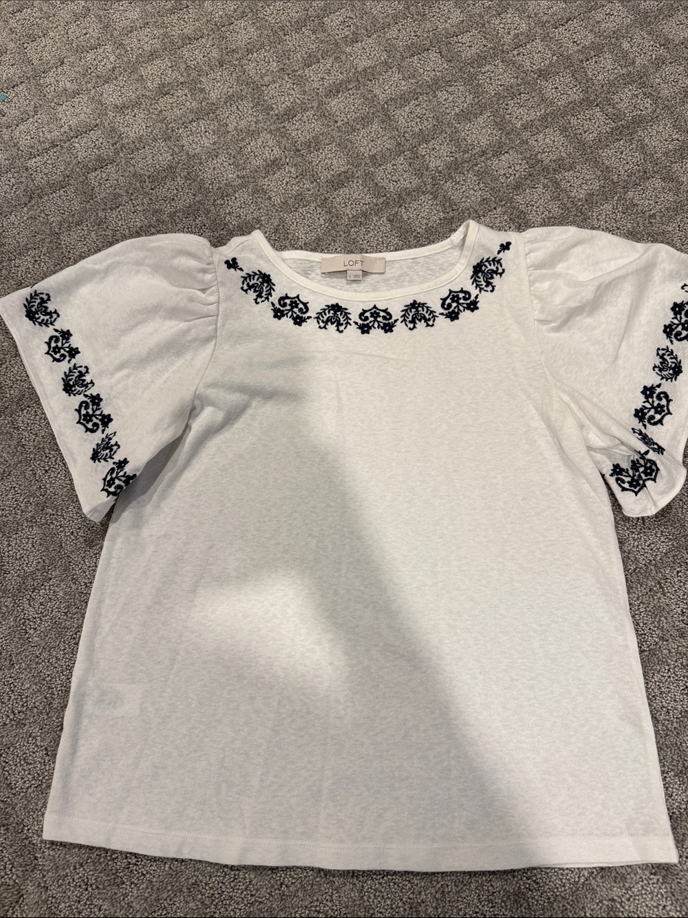 LOFT White Short Sleeve Tee with Navy Embroidered Trim